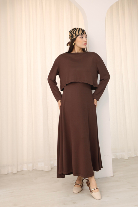 Kahve Bluz Elbise İkili Modal Takım-İGNİTES-00056