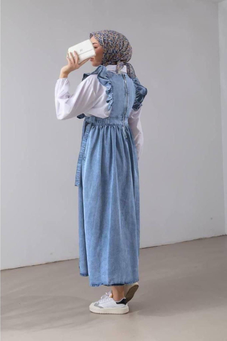 Omuz Fırfırlı Yanlardan Bağlamalı Denim Jile