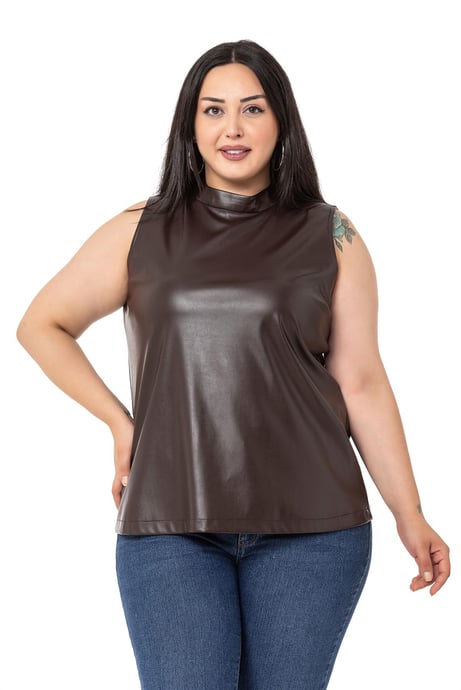 Plus Size Stand Collar Sleeveless Leather Brown Blouse