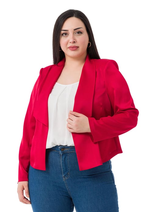 Büyük Beden Şal Yaka Astarsız Kısa Saten Kırmızı Ceket