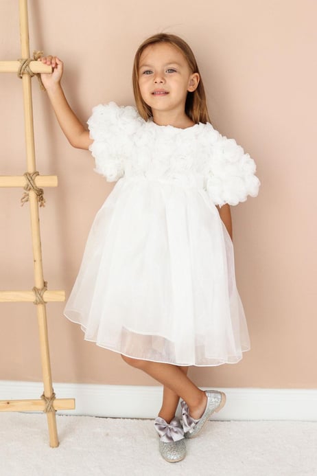 Girls Dress with White Rose Detail and Tulle Skirt - Nelia
