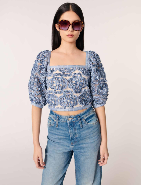 Floral aplike kare yaka bluz