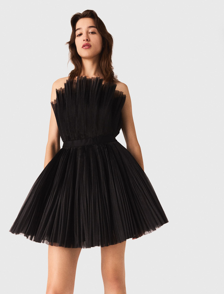 Siyah Straplez Pileli Mini Elbise