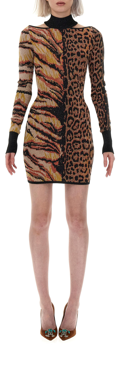 Leopar Desen Triko Mini Elbise