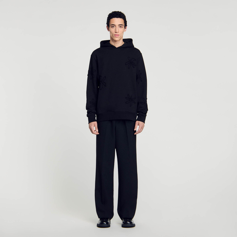 Siyah Çiçek Figürlü Kapüşonlu Sweatshirt