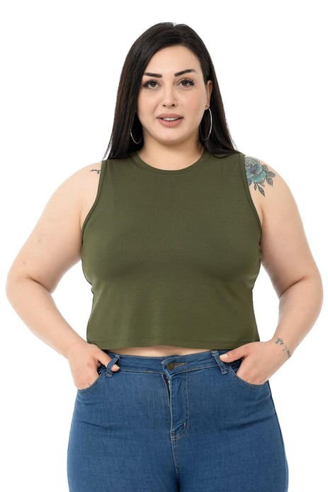 Büyük Beden Bisiklet Yaka Kolsuz Crop Viskon Haki Body