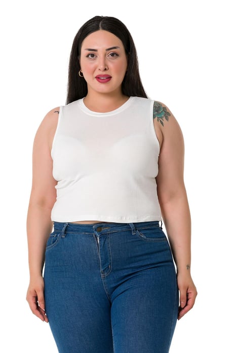 Büyük Beden Bisiklet Yaka Kolsuz Crop Viskon Ekru Body