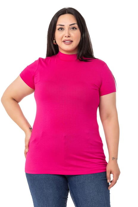 Büyük Beden Yarım Balıkçı Kısa Kollu Viskon Fuşya Body