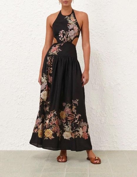 Çiçek Desenli Beli Pencereli Halter Yaka Premium Midi Elbise 