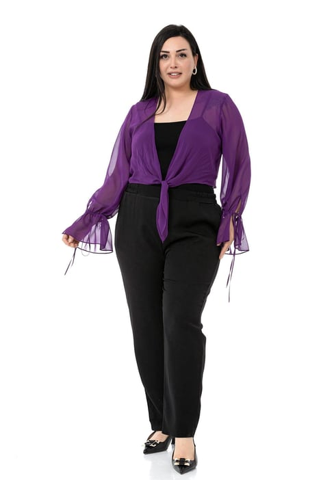 Plus Size Sleeve Detailed Tie-Front Chiffon Purple Bolero