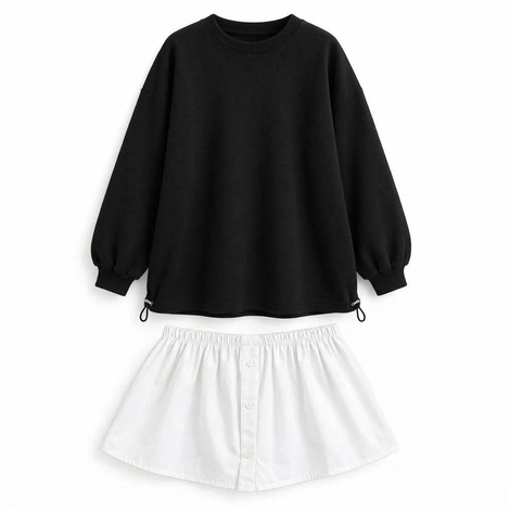 SweatshirtSiyah Çıkarılabilir Gömlek Detaylı Bisiklet Yaka Sweatshirt