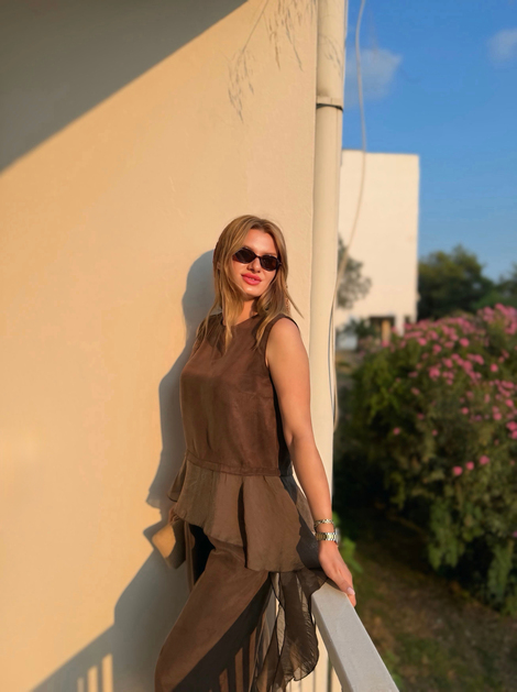TAKIMKahve Garnili Bluz Pantolon Takım