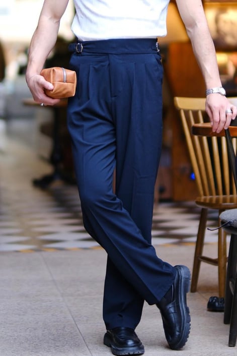 İtalyan Model Çift Kemer Detaylı Baggy Pantolon Lacivert