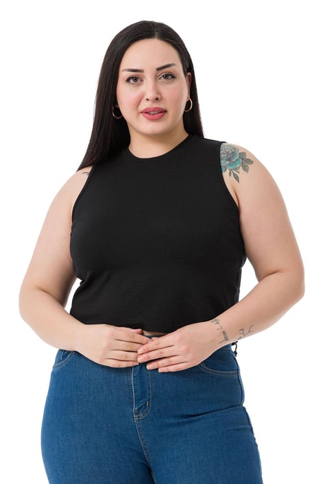 Büyük Beden Bisiklet Yaka Kolsuz Crop Viskon Siyah Body
