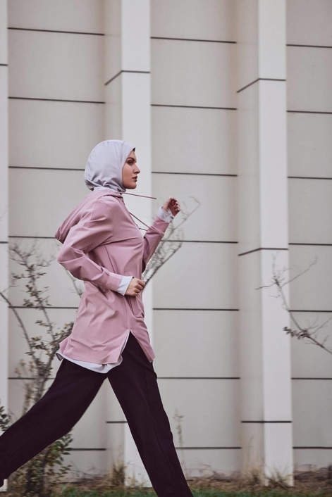 HaşemaHaşema Active Uzun Kollu Kapüşonlu Fermuarlı Pembe Tesettür Antrenman Tişörtü ACT-10