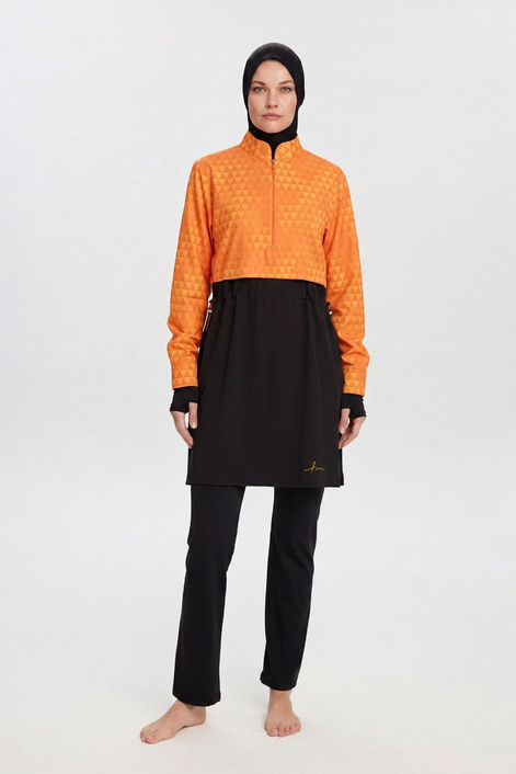 HaşemaHaşema Esila Geometrik Desenli Sarı Turuncu 5 Parça Tam Tesettür Mayo Takımı 2934