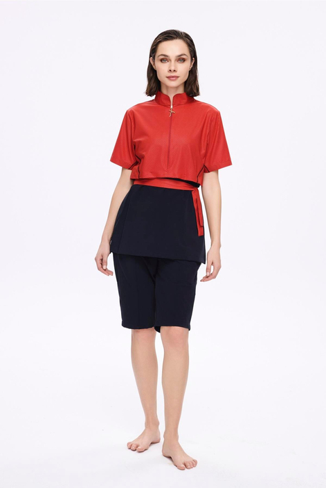 HaşemaHaşema Kuşak Detaylı Dokulu Kumaş Kırmızı 5 Parça Yarı Kapalı Mayo Takımı 5046