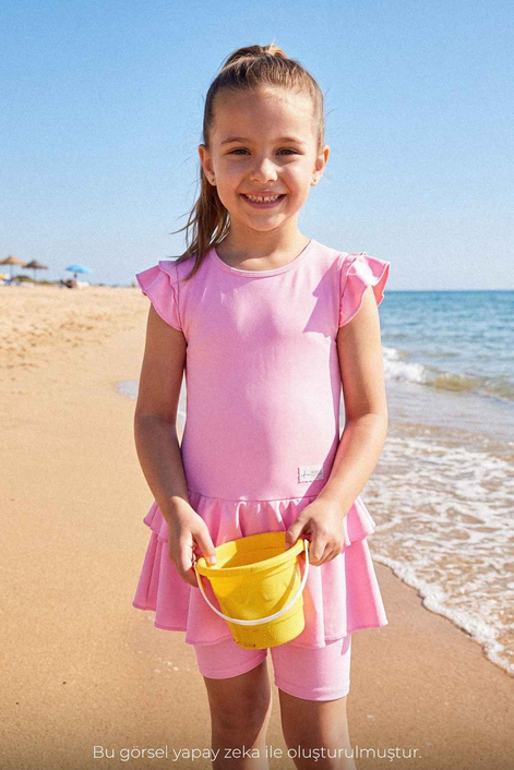 HaşemaHaşema Omuzları Volanlı Pembe 3 Parça Kız Çocuk Mayo Takımı 7000