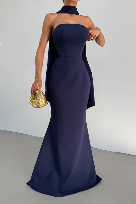 Boyun Aksesuarlı Helen Premium Abiye Lacivert