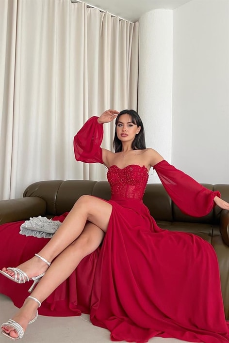 Şifon Comely Abiye Kırmızı