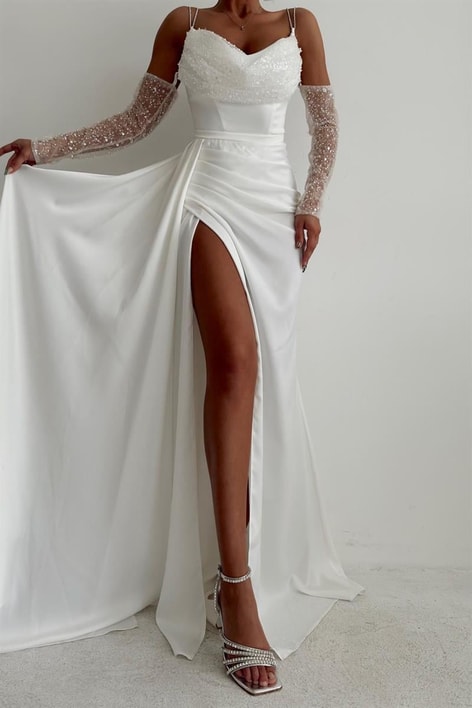 Su Yolu Payet Yaka Abiye Beyaz