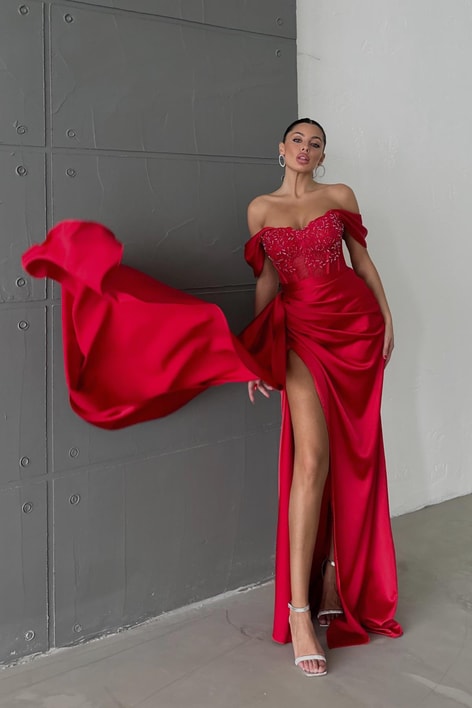 Transparan Taş İşlemeli Abiye Kırmızı