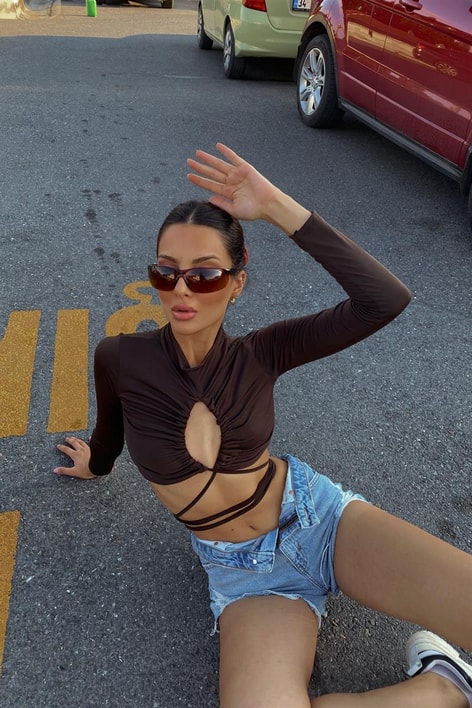 Bağlama Detay Boğazlı Bluz Acı Kahve