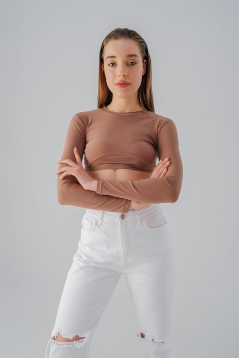 Baret Detay Crop Bluz Camel