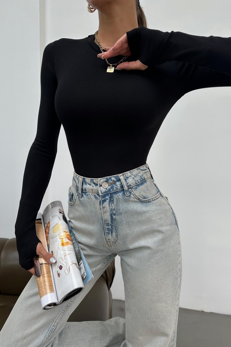 Bisiklet Yaka Basic Bluz Siyah