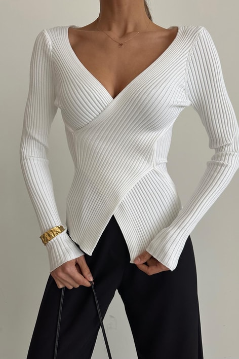 Çapraz Yaka Triko Bluz Beyaz