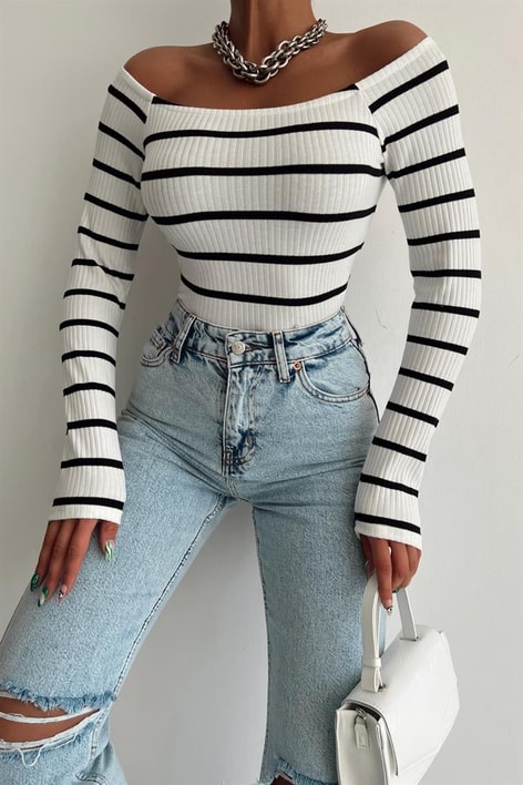 Carmen Çizgili Bluz Beyaz