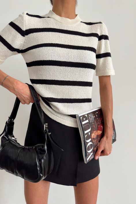 Çelik Örme Çizgili Bluz Krem