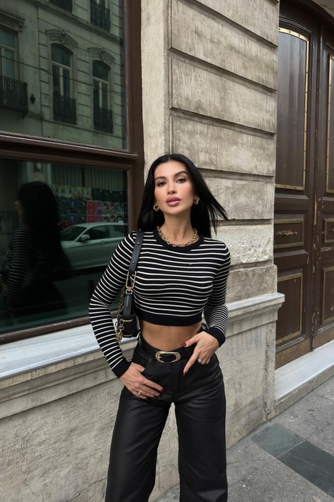 Çelik Örme Çizgili Triko Siyah