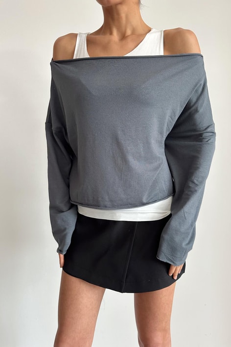 Çift Kat Basic Uzun Kol Bluz Antrasit