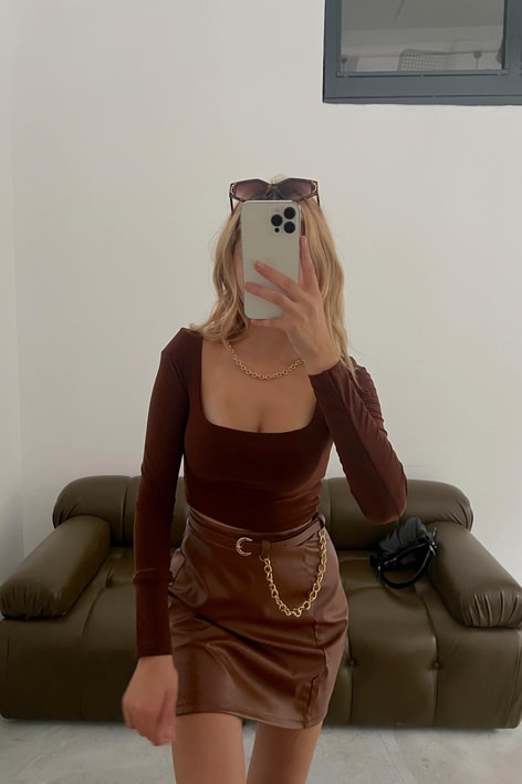 Crop Kare Yaka Bluz Acı Kahve