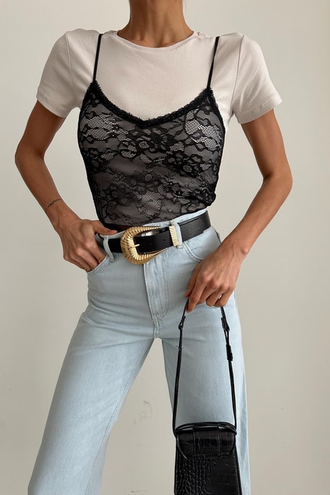 Dantel Tül Crop Siyah
