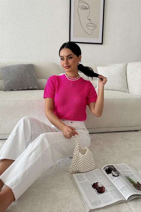 Delikli Triko Kısa Kollu Bluz Fuşya