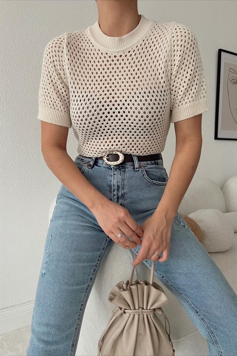 Delikli Triko Kısa Kollu Bluz Taş