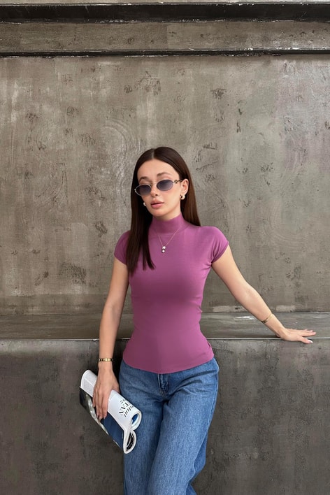 Dik Yaka Kolsuz Bluz Mor