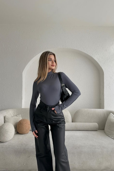 Dik Yaka Uzun Kollu Basic Bluz Antrasit