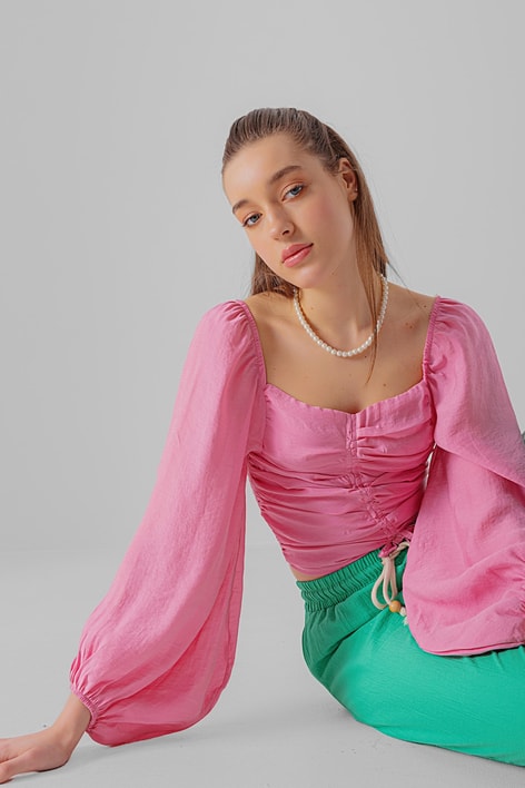 Drape Balon Kol Bluz Pembe