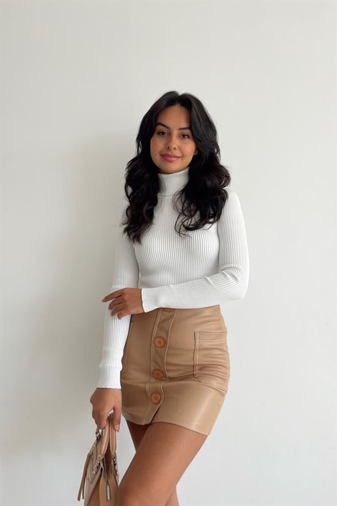 Fitilli Balıkçı Yaka Triko Bluz Beyaz