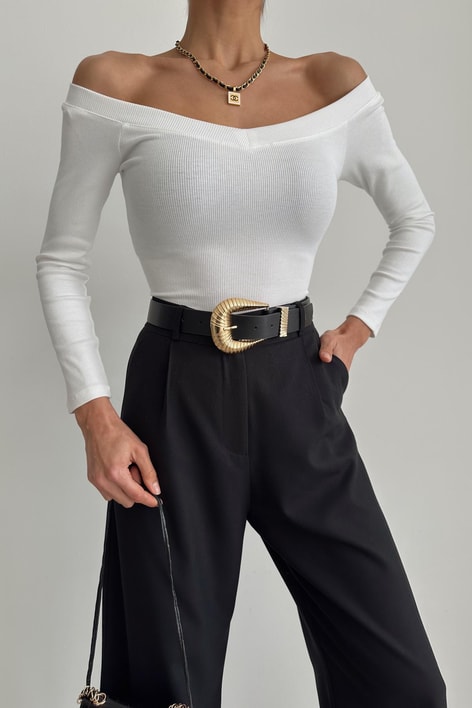 Geniş V Yaka Fitilli Bluz Ekru