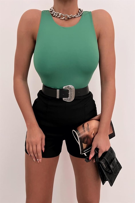 Halter Yaka Basic Crop Bluz Yeşil