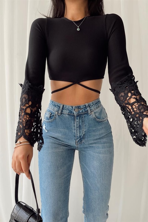 Kolu Dantelli Vintage Bluz Siyah