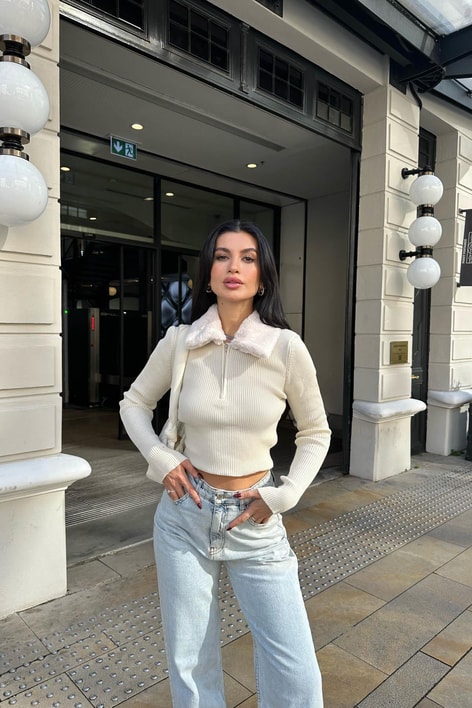 Kürk Yaka Fitilli Triko Bluz Krem