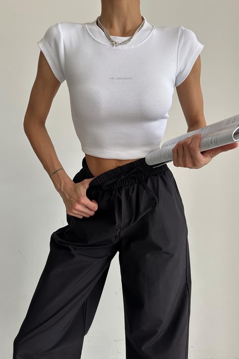 Minimal Sander Crop Bluz Beyaz
