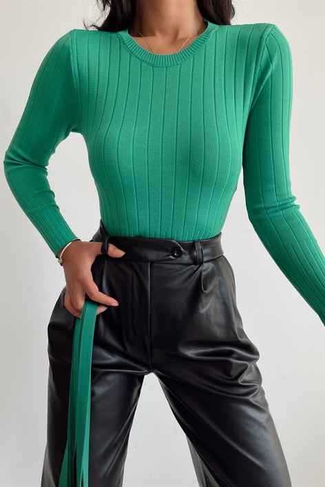 Nervürlü Triko Bluz Yeşil