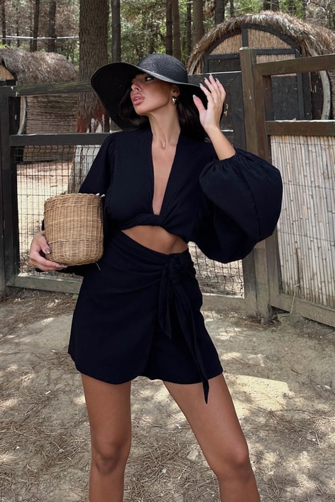 Ön Bağlamalı Keten Bluz Siyah