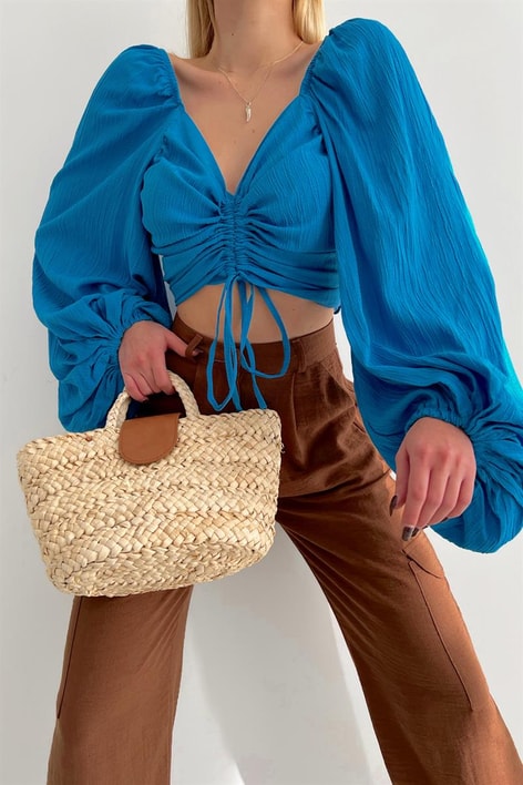 Ön Büzgülü Balon Kol Bluz Saks Mavisi